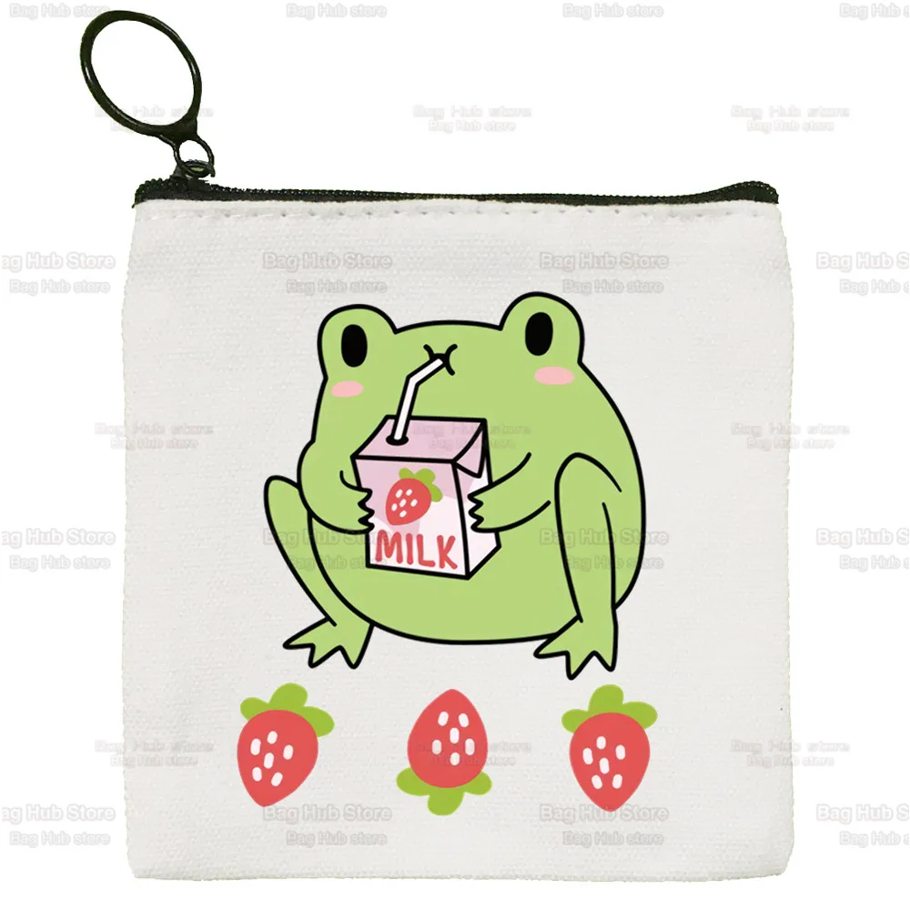 Japan Strawberry Juice Simple Canvas Coin Purse Cute Graphic Aesthetic Strawberry Cartoon Key Case Lady Bag Coin Storage Bag