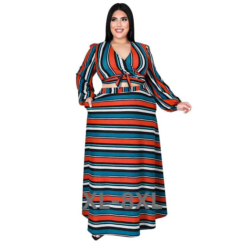 Plus Size Winter Sets Women Skirt Two Piece Suits Patchwork Stripe Long Sleeve Ladies Outifts Who 3xl 4xl 5xl 6xl