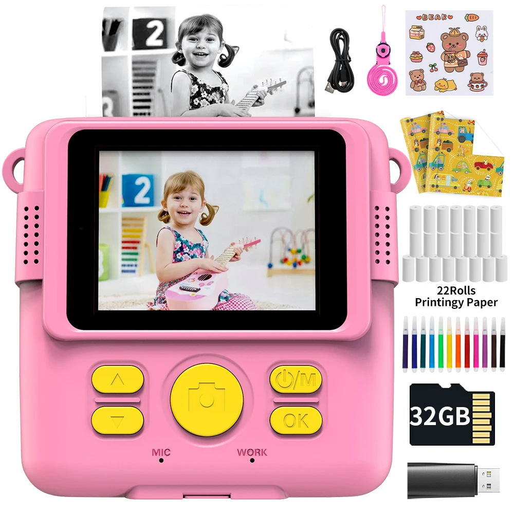 

Instant Photo Camera Kids with Fill Light Night Type-C Charging Children Selfie Digital Print Camera Video For Kid Birthday Gift