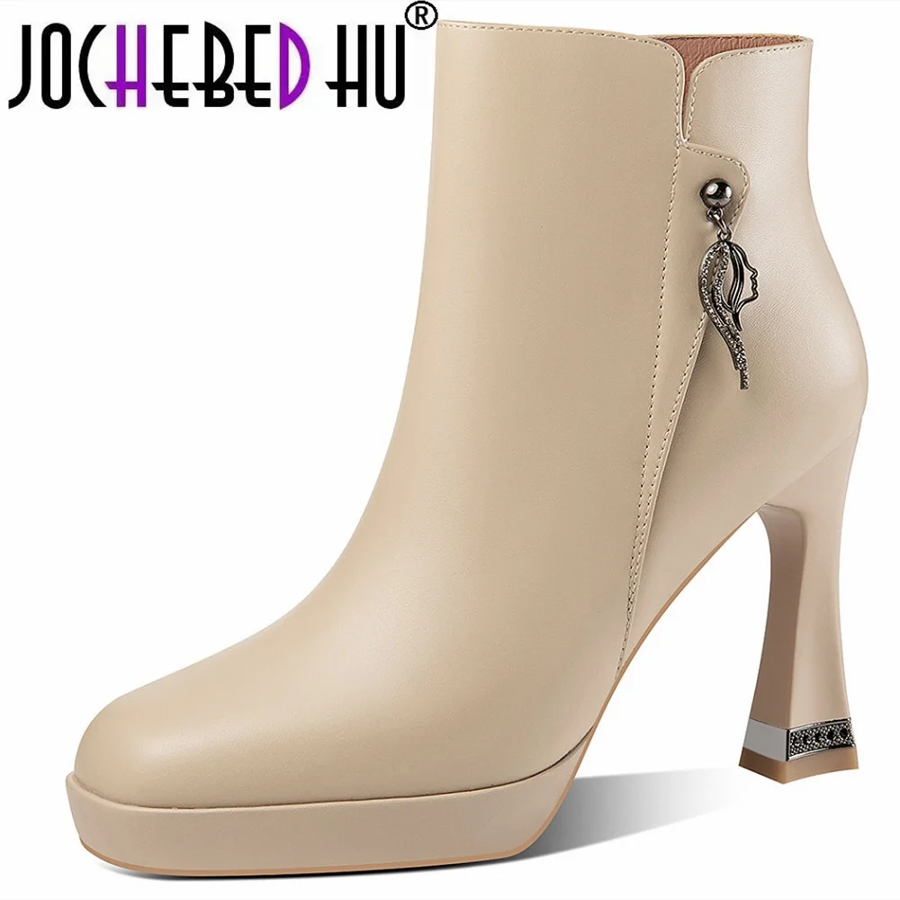 

【JOCHEBED HU】2022 Genuine Leather Brand Autumn Winter Boots Zipper Women's New Warm High Heel Ankle Boots