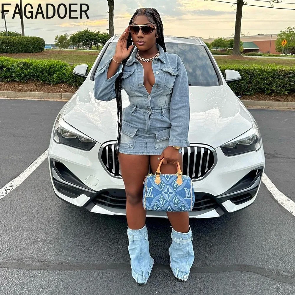 FAGADOER модное джинсовое облегающее мини-платье с карманами женское отложным