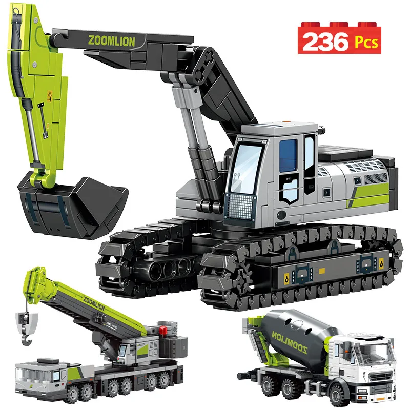 

236pcs 4 in 1 City Technical Excavator Car Bulldozer Building Blocks MOC Engineering Vehicle Mixer Truck Bricks Toys for Kids