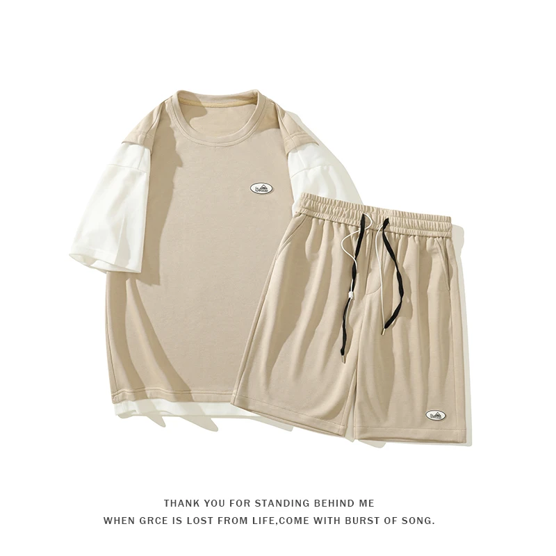 

Комплект из 2 предметов в стиле пэчворк с рукавами для подростков; Летние классические шорты; Уличная одежда; Мужские свободные размера плюс; Спортивные костюмы; Повседневная одежда