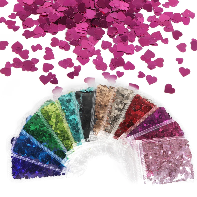 

12Pcs Red Black Heart Shape Nail Art Glitter Flakes Mixed Size Sequins Kit For DIY Polish Nails Decoration Valentines Day Design
