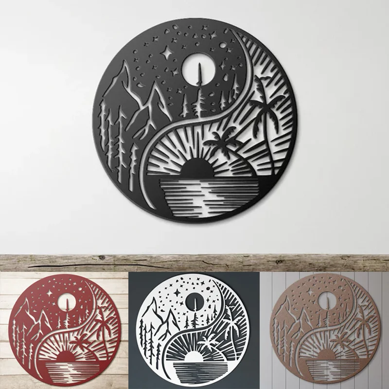 

Metal Iron Sunset Landscape Round Wall Pendant Decor Abstract Art Creative Sun Moon Landscape Wall Hanging Sticker Home Decor