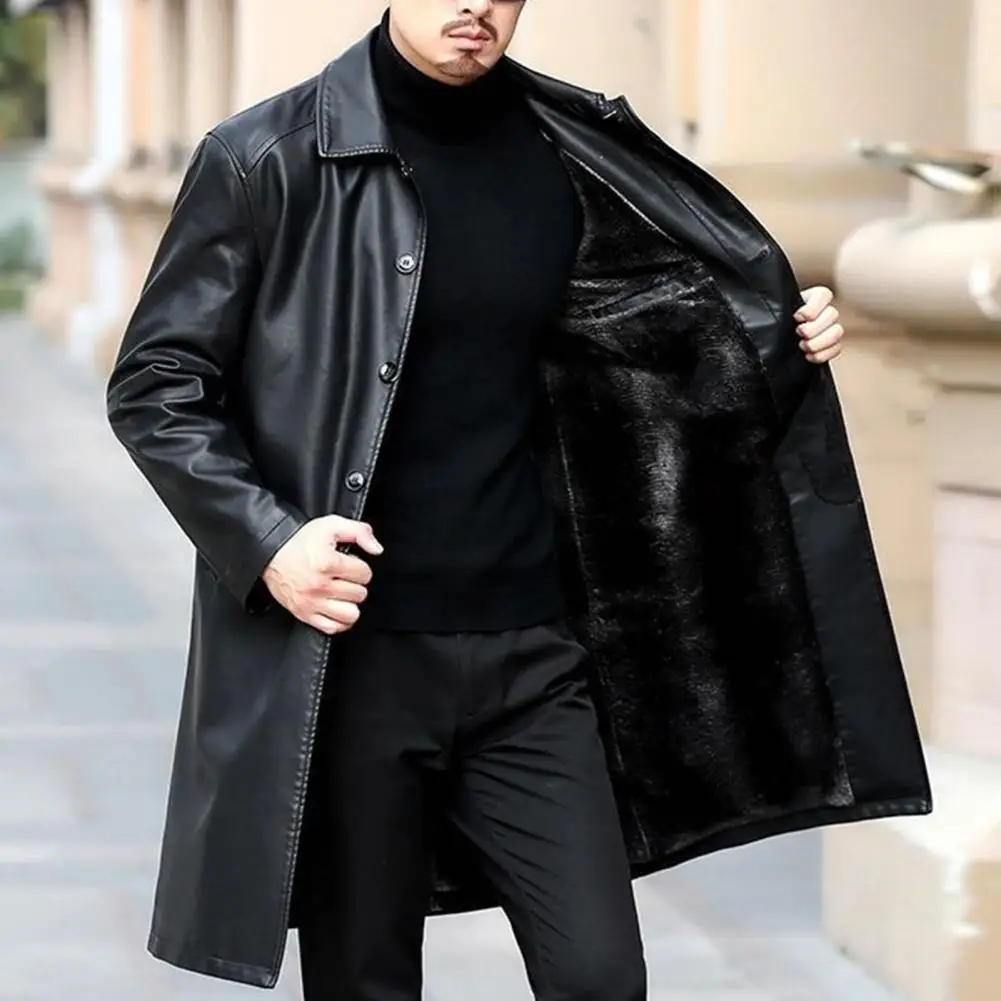 

Men Windbreaker Jacket Autumn Winter Faux Leather Fleece Lining Men Coat Lapel Long Sleeve Pockets Single Breasted Jacket