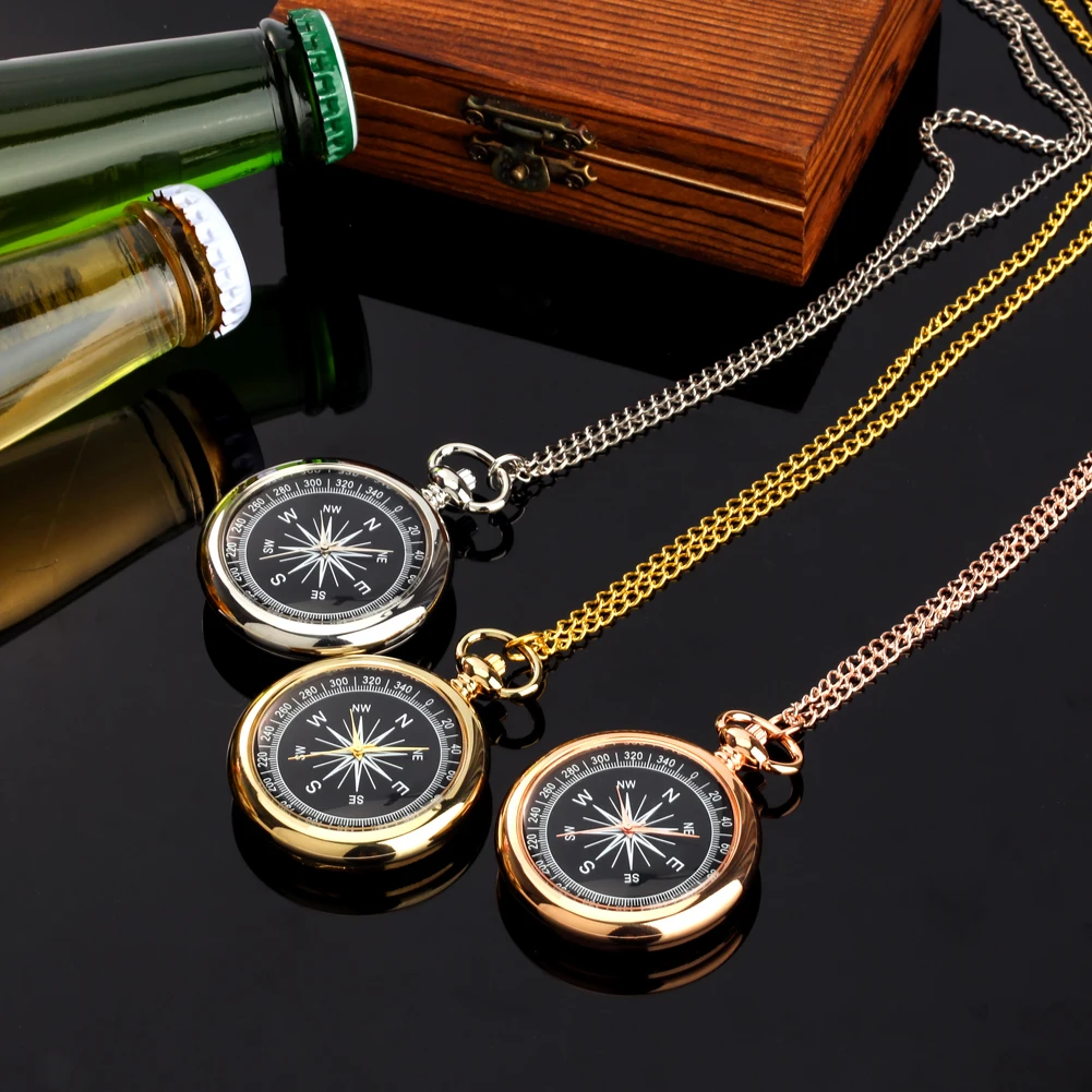 

Gold Luxury Necklace Pocket Watch Compass Design Quartz Pocket Watches Black Dial 80cm Alloy Pendant Clock Men Lady Couple Gifts