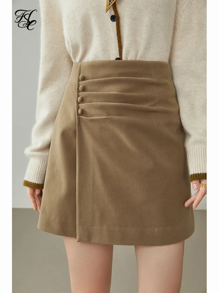 

FSLE Winter Women's Light Tan Thick Irregular Folds A-line Small Skirt All-match Slim Commuter New Mini Skirt Women Bottom