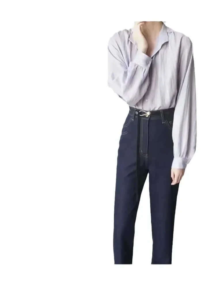 Весенние и осенние женские рубашки с длинными рукавами в темную полоску