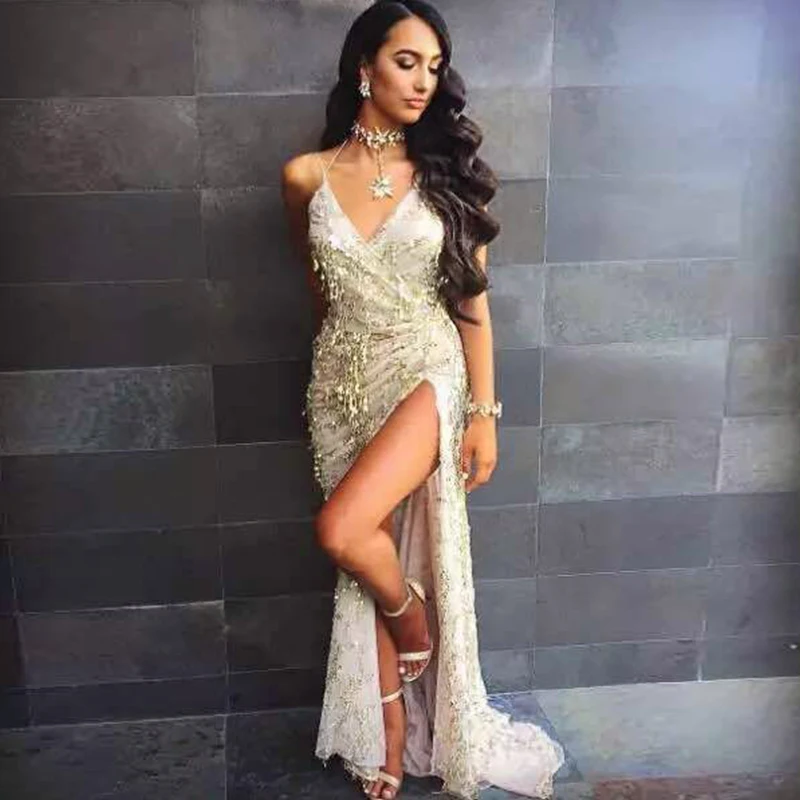 

Sexy Halter Sequin Party Dresses Women High Split Maxi Dress Festa Female Christmas Tassel V Neck Slim Side Split Evening Gown
