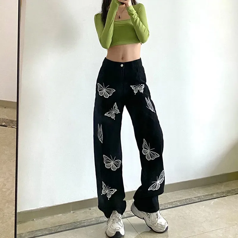 

Women's Fashion Butterfly Print Casual High Waist Pants 2021 High Street Jeans Trousers Ladies Black Streetwear Pop Denim Pant