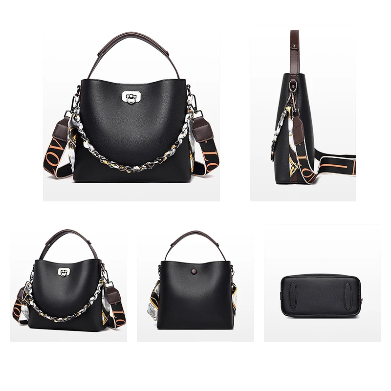 2023 Luxury Lady Fashion Versatile Metal Chain Handbag PU Leather Female Bucket Bags Women Shoulder Bag Messenger Bag