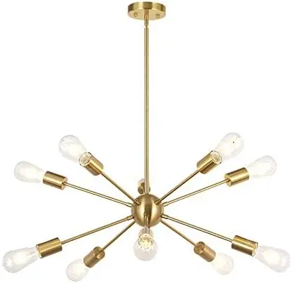 

Chandelier 10 Light Brushed Brass Mid Century Modern Pendant Lighting Gold Industrial Vintage Flush Mount Sputnik Ceiling Light
