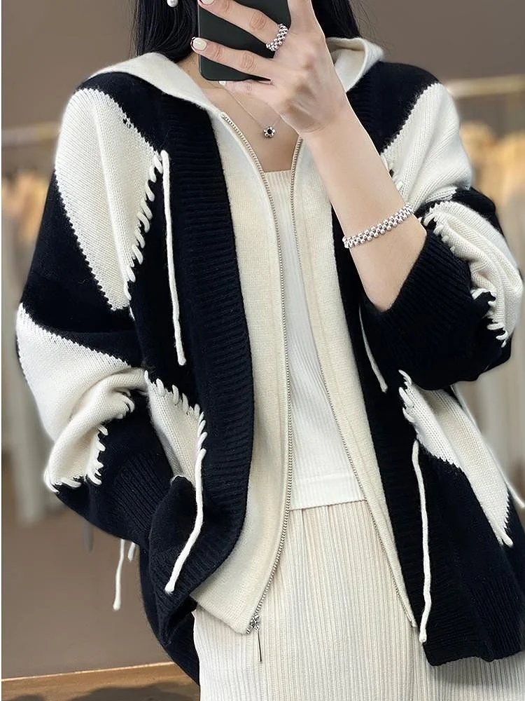 Флисовый кардиган с капюшоном в стиле ретро женский осенний новый свободный