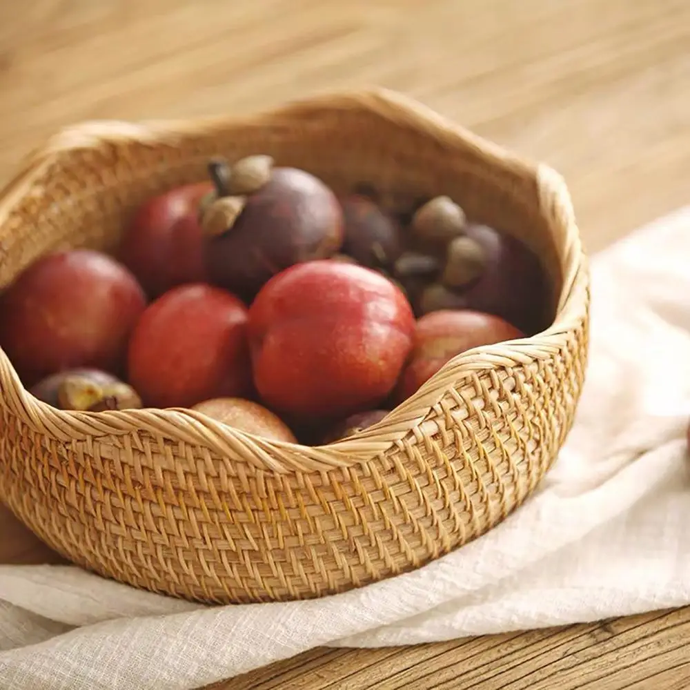 

Round Rattan Woven Storage Basket Fruit Bread Food Kitchen Home Decor Organizer