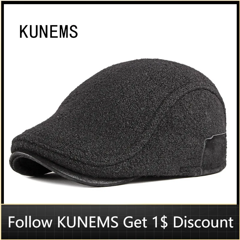 

KUNEMS Winter Warm PU+Duffel Beret Mens Hat Boina Middle-aged and Elderly Plus Velvet Ear Protection Newsboy Caps Casual Dad Cap