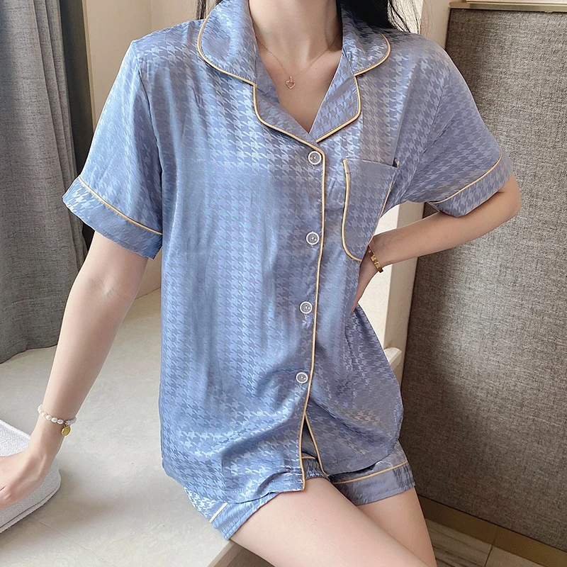 

Pajamas women's satin ice silk temperament sweet short-sleeved shorts cardigan houndstooth summer net red wind home service suit