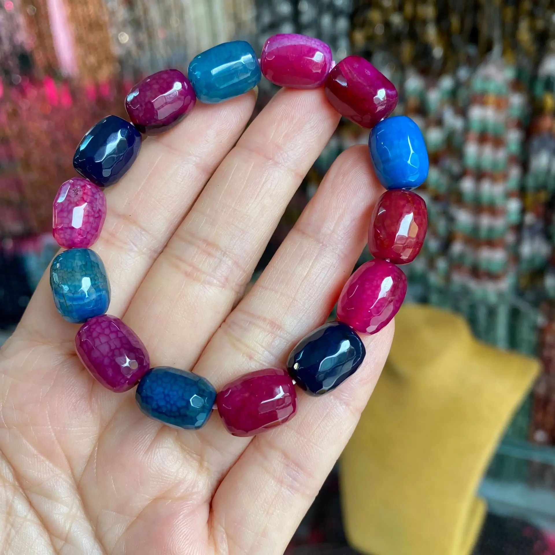 

Natural Stone 10*14MM Tourmaline Agate Faceted Bead Bracelets For Women Men Reiki Healing Strand Bangles Friend Gift
