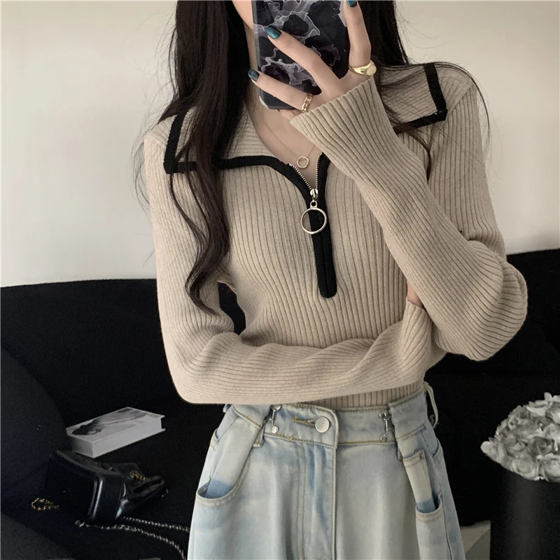 

Half Zip Lapel Retro Kint Sweater Casual Versatile Pullover Women's Autumn/Winter New Short Sleeved Slim Fitting Top