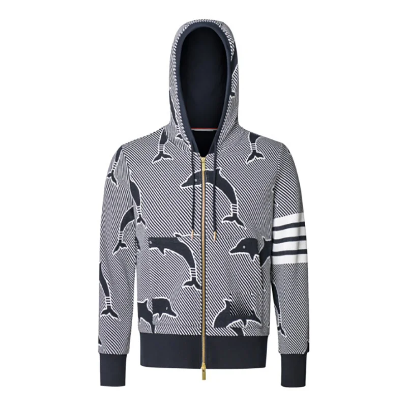 THOM Men's TB Sweatshirts Hoodie Casual Collar Drawstring Long Sleeve Hooded Coat Fashion Whale Print Design Zipper Sweatshirts