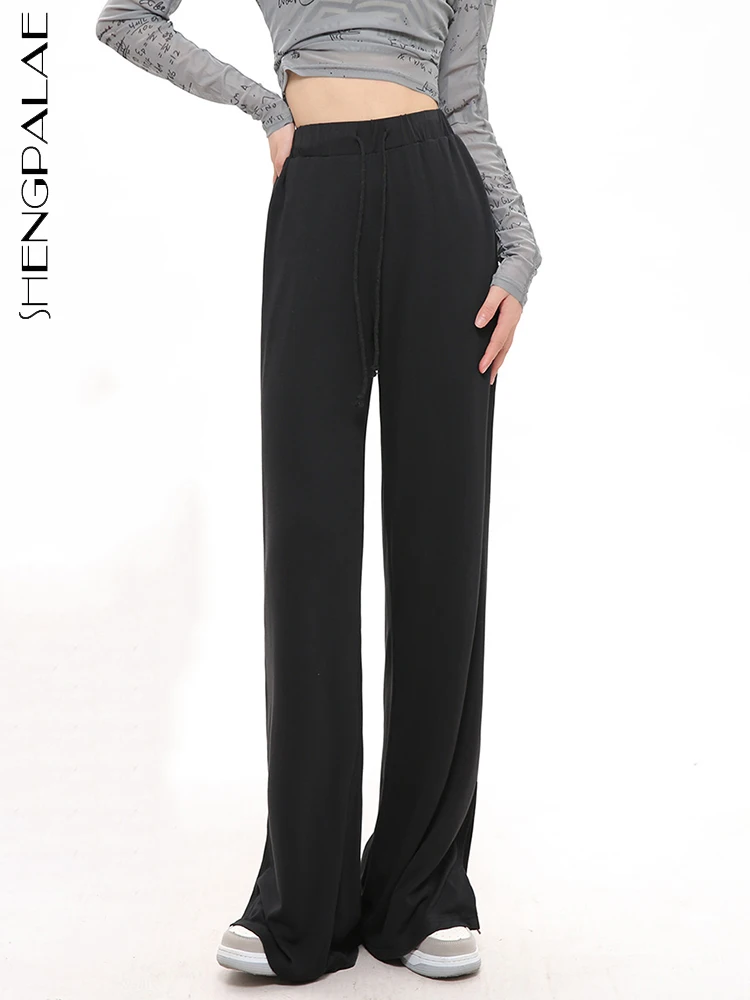 

SHENGPALAE модные женские брюки с высокой талией на завязках, одноцветные универсальные прямые брюки с разрезом, осень 2023, новинка 5R4994