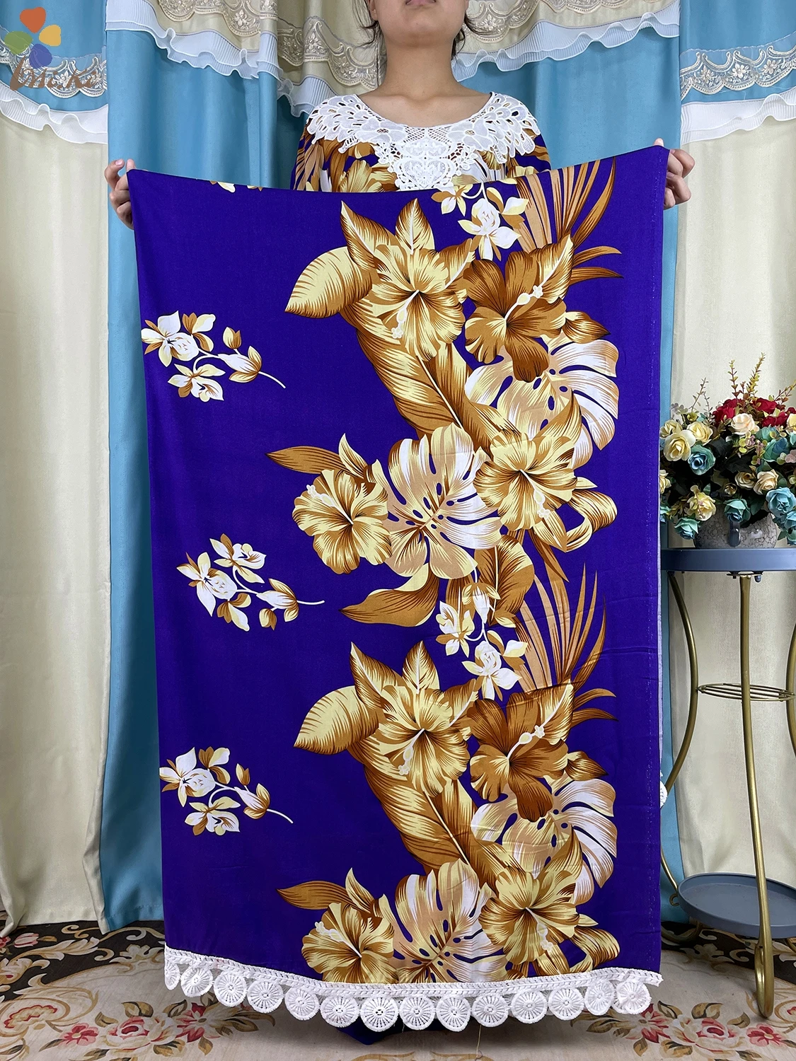 New African Women Tassel Sleeve Floral Printed Cotton Loose Femme Robe African Tradition Woman Dresses Paired witha Large Scarf
