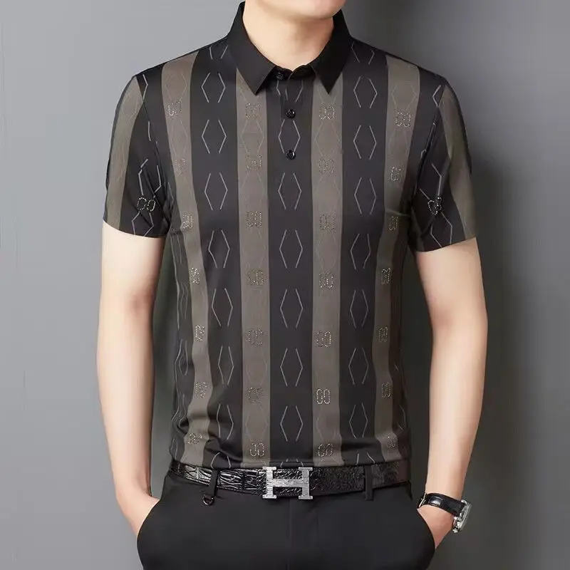 

Men Summer Streetwear Polo Shirts Short Sleeve Male Clothes New Tee Shirt Vintage Loose Fashion Casual Thin Striped Basic Tops