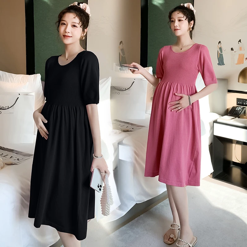 

A288# 2022 Summer Ice Cool Knitted Maternity Dress Elegant A Line Loose Clothes for Pregnant Women Pregnancy Clothing