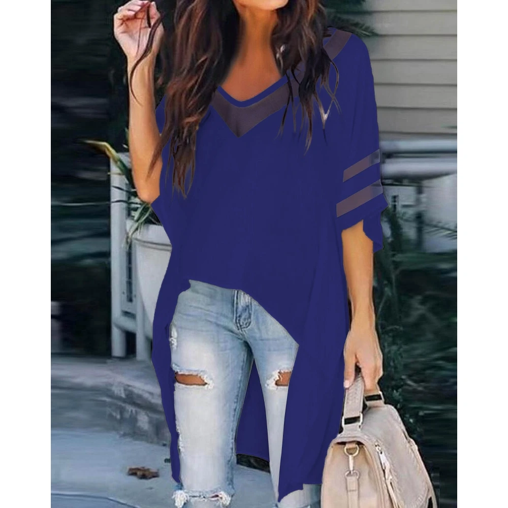 

2022 Summer Women Contrast Mesh Batwing Sleeve High Low Hem Top Fashion Femme Oversized V-Neck Blouses Outfits Robe Clothing