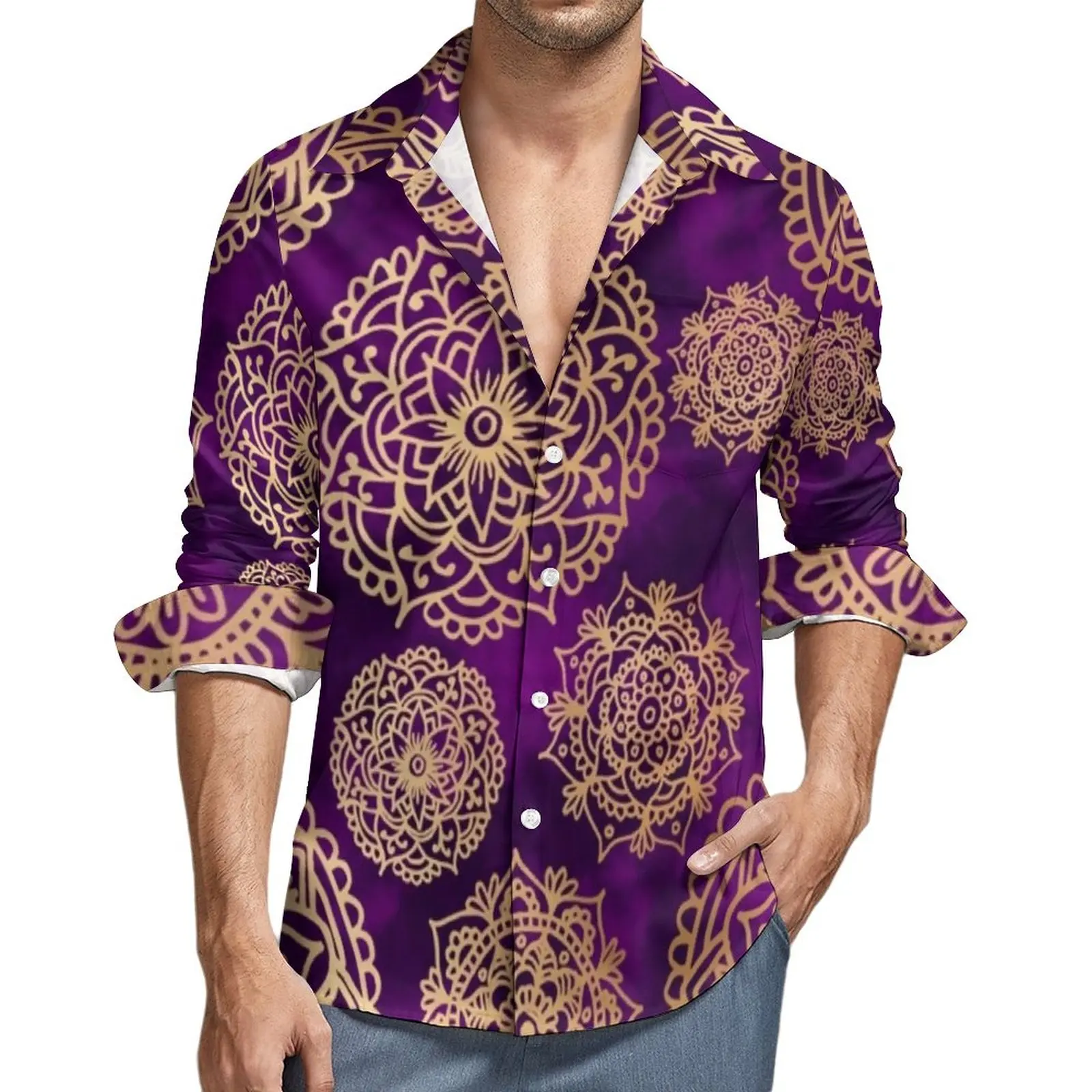

Purple And Gold Mandala Shirt Man Vintage Print Casual Shirts Spring Streetwear Design Blouses Long Sleeve Novelty Oversize Top