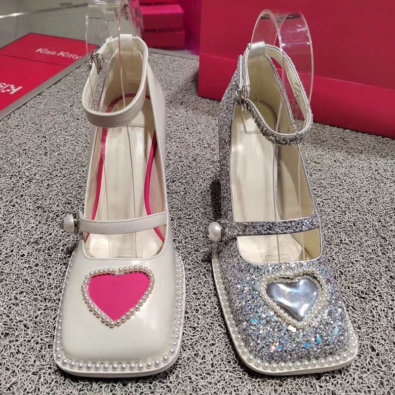 

Temperament Mary Jane Heels Pearl Sweet Princess French Single Shoe Square Head Chunky Heel White Pumps Jk Uniform Leather Shoes