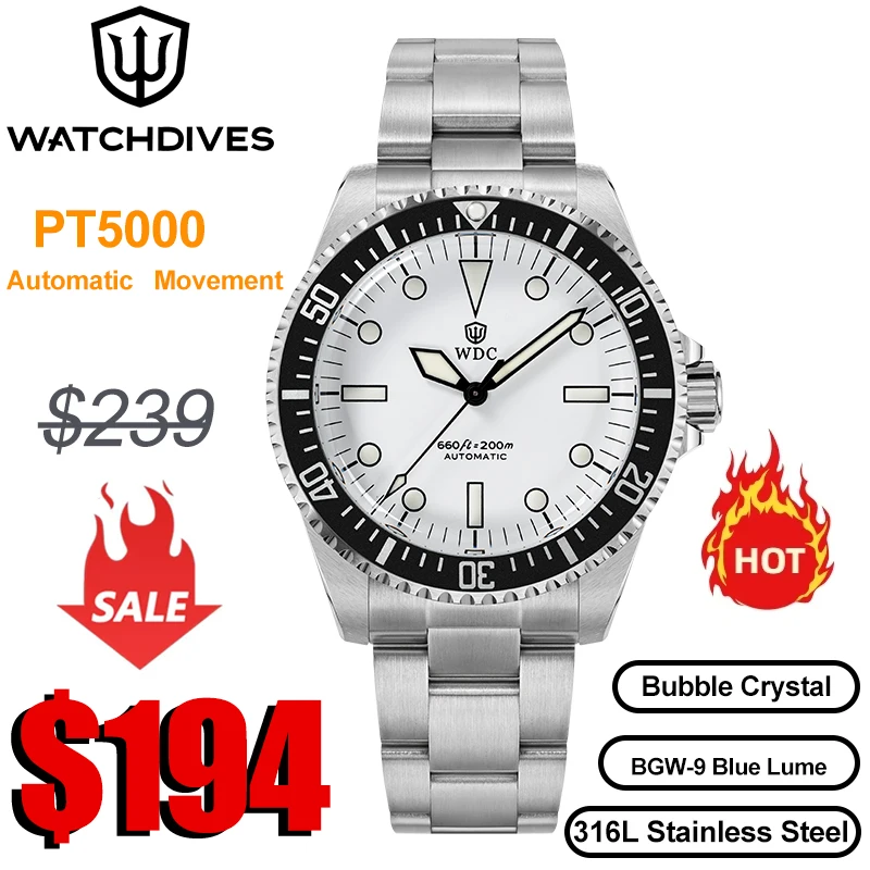 Фото Часы для дайвинга Watchdives WD5513B PT5000 с автоматическим механизмом, сапфировым стеклом, алюминиевым безелем, суперлюминесцентным покрытием и водонепроницаемостью до 200 м. №1