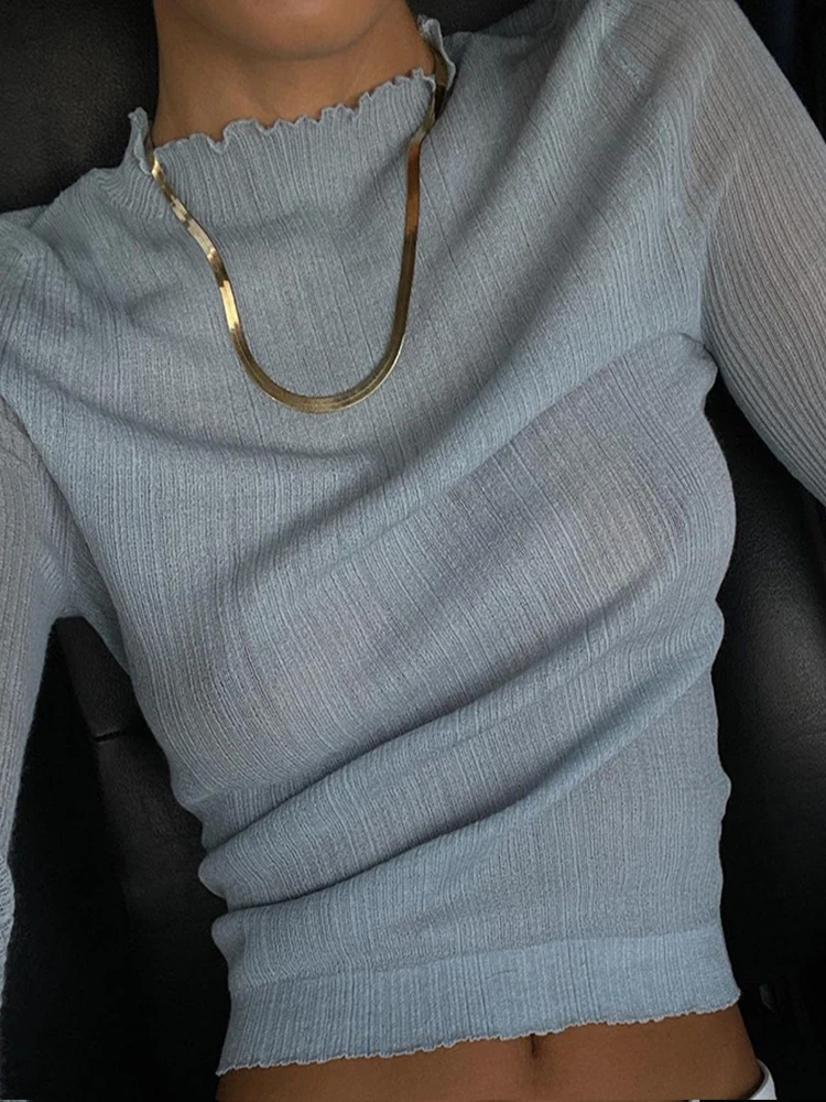 

Women's clothing summer 2022 solid color women's long sleeve top perspective crew neck Slim fit fashion t-shirt side of fungus