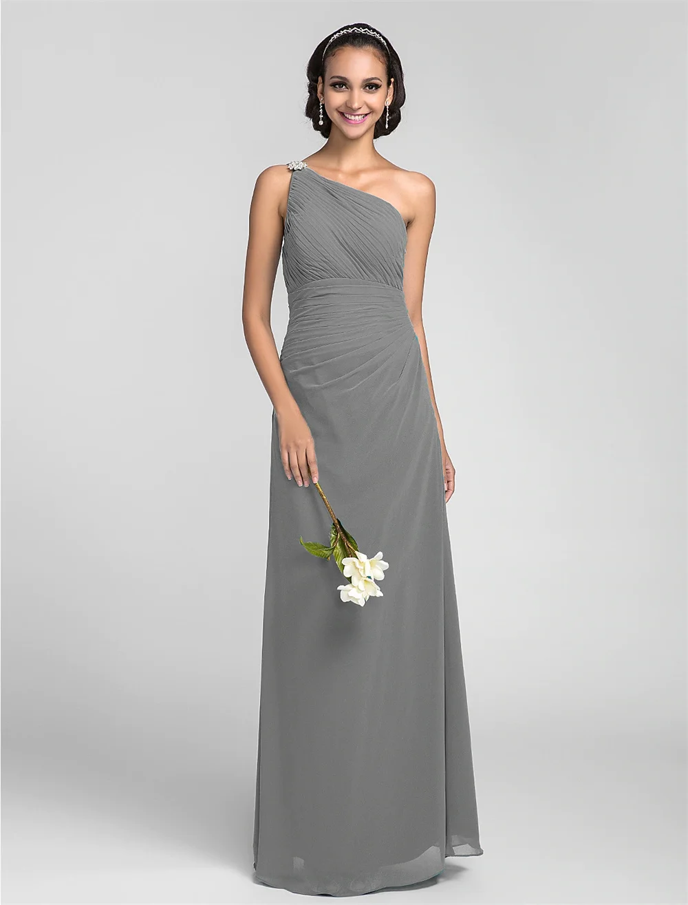 

Sheath Column Bridesmaid Dress One Shoulder Sleeveless Elegant Floor Length Chiffon with Ruched Side Draping Crystal Brooch