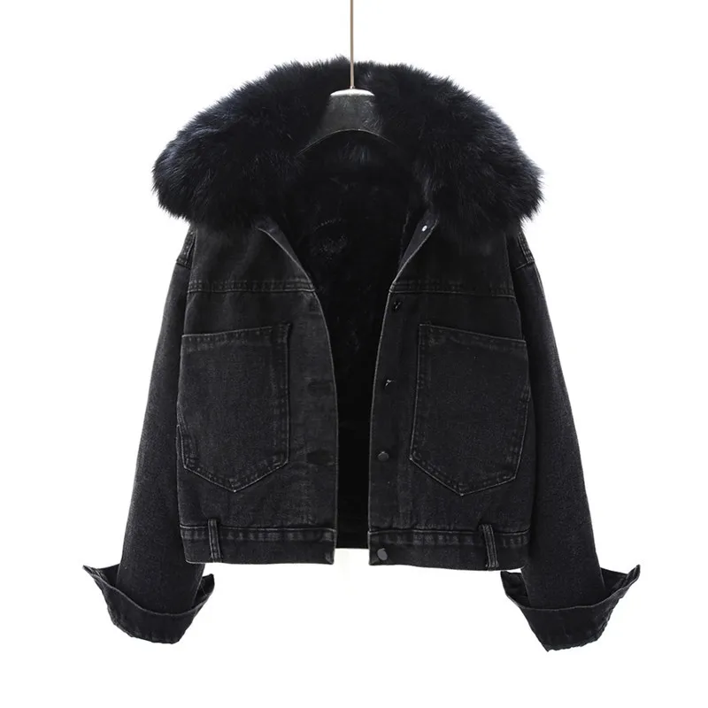 

Vintage Blue Black Big Fur Collar Denim Jacket Women Winter Thick Big Pocket Cowboy Outerwear Loose Short Jeans Jackets Female