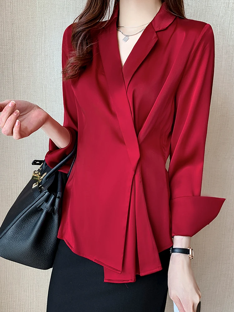 

Elegant Notched Collar Long Sleeve Like Blazer Women Blouses Vintage Satin Shirts Casual Female Outwear Fashion Tops