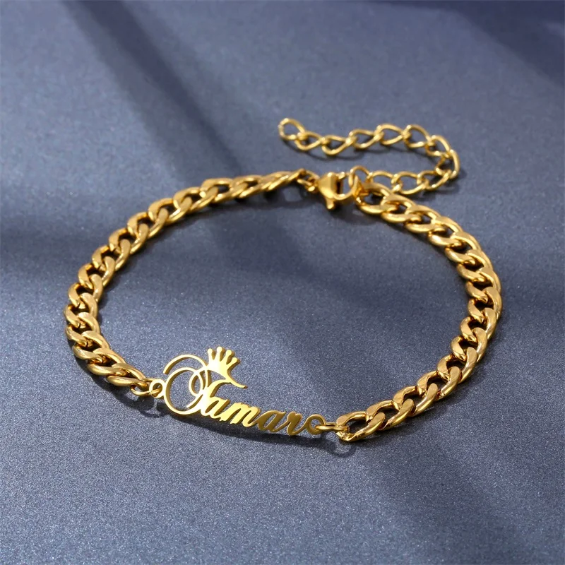 

Custom Stainless Steel Name Bracelets for Women Men Personalized Customized Gold Crown 5mm Cuban Chain Bracelet Bangle Jewelry