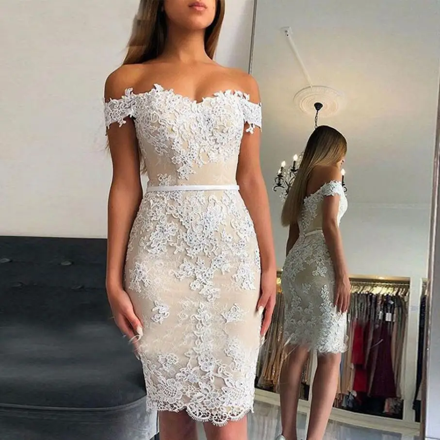 

Light Champagne Beaded Cocktail Dresses Knee Length Short White Lace Applique Sweetheart Women Tight Fitted Party Dress