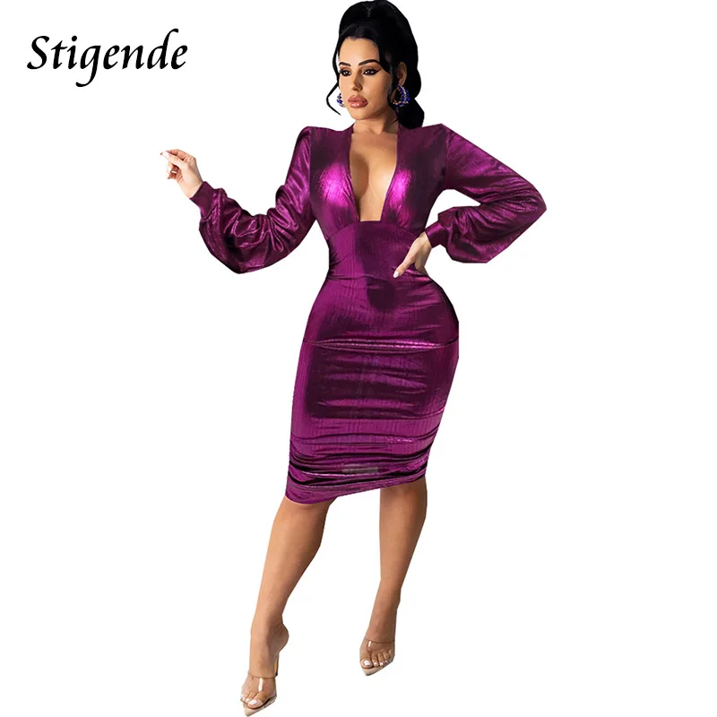 

Stigende Women Long Sleeve Ruched Midi Party Dress Fashion Night Club Wear Deep V Neck Bright Silk Shining Bodycon Sexy Dresses