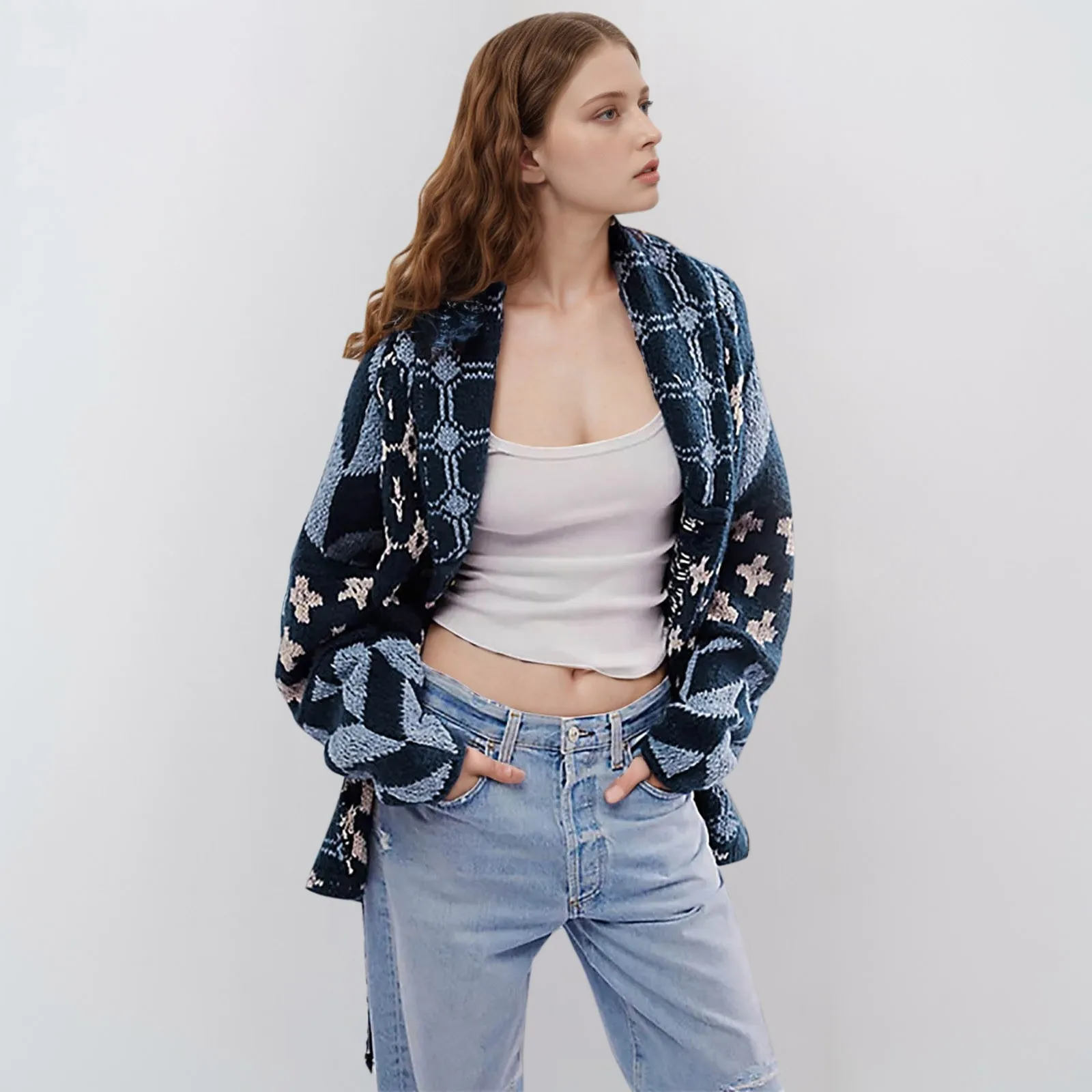 Женский вязаный мешковатый Длинный пуловер с абстрактным принтом и лацканами 2024