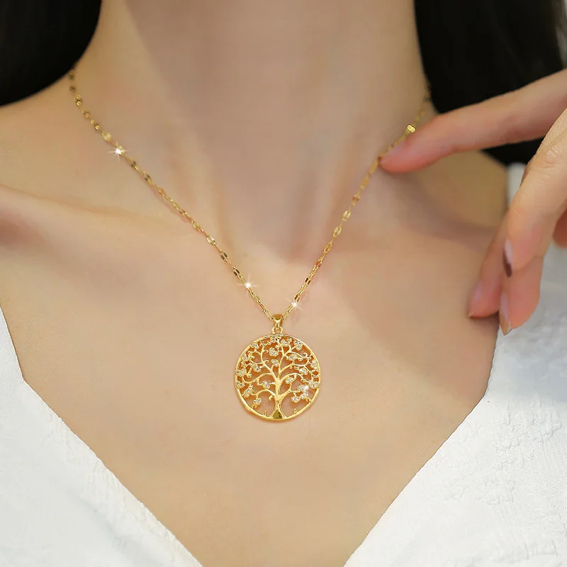 Fashion Round Tree Crystal Pendant Necklace for Women Couple Gold Color Steel Chain Choker Statement Wedding Jewelry Gift