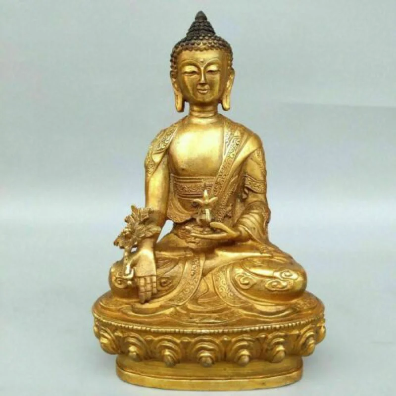 

8 Inch Chinese Old Tibet Tibetan Buddhism Bronze Gilded Medical Buddha Statue A1