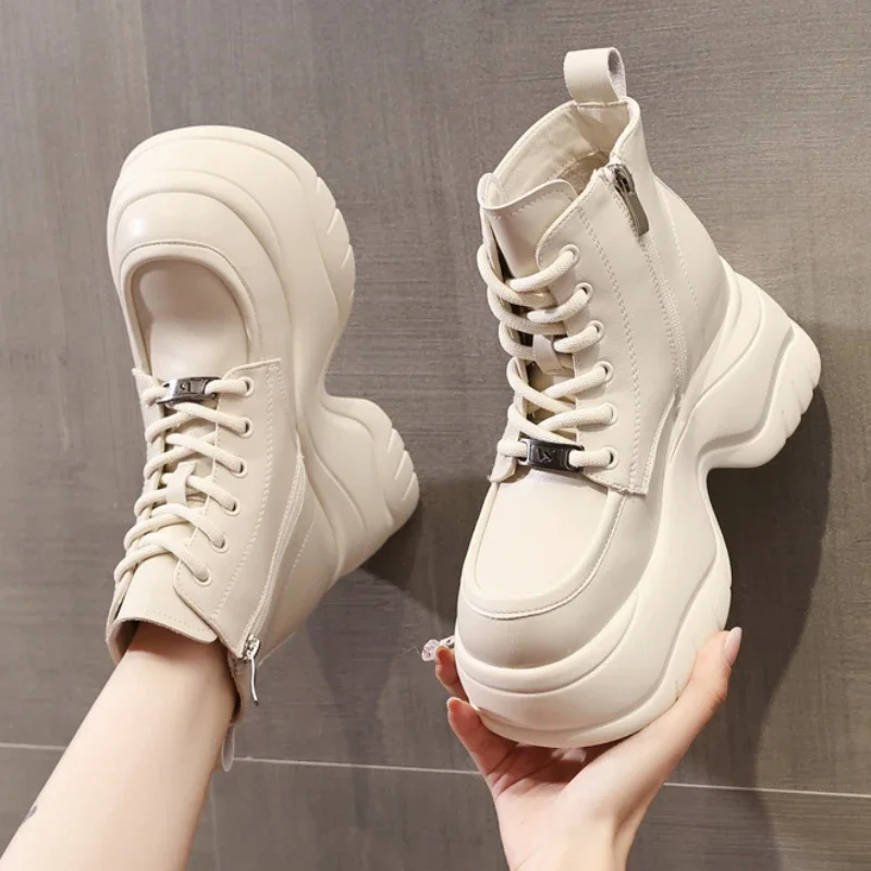 Женские сапоги на танкетке Fujin черные до колена из искусственной кожи платформе 8