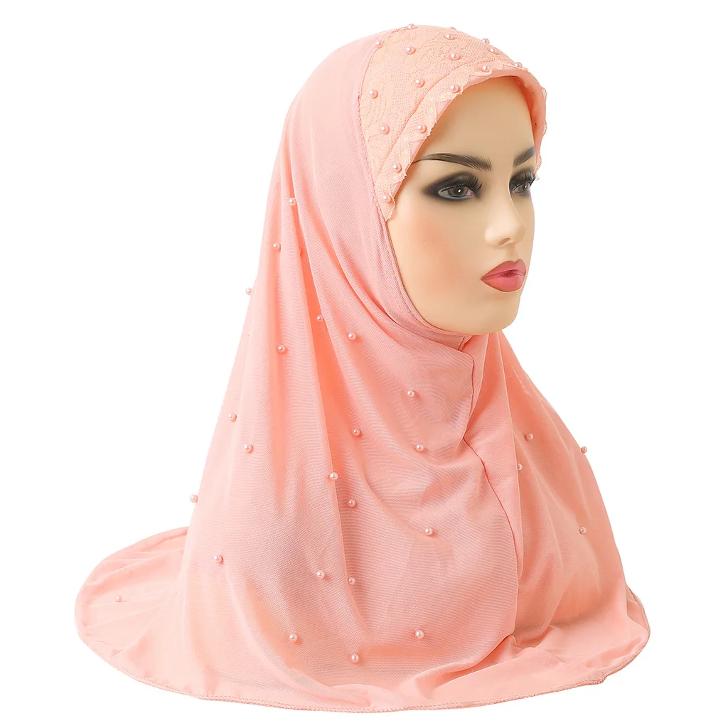 H078 high quality two layers net material muslim Al amira hijab with beads pull on islamic scarf head wrap headweaer soft fabric