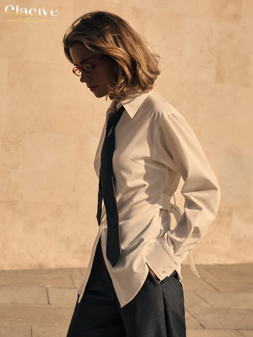 Clacive повседневная тонкая белая хлопковая женская рубашка модная блузка с