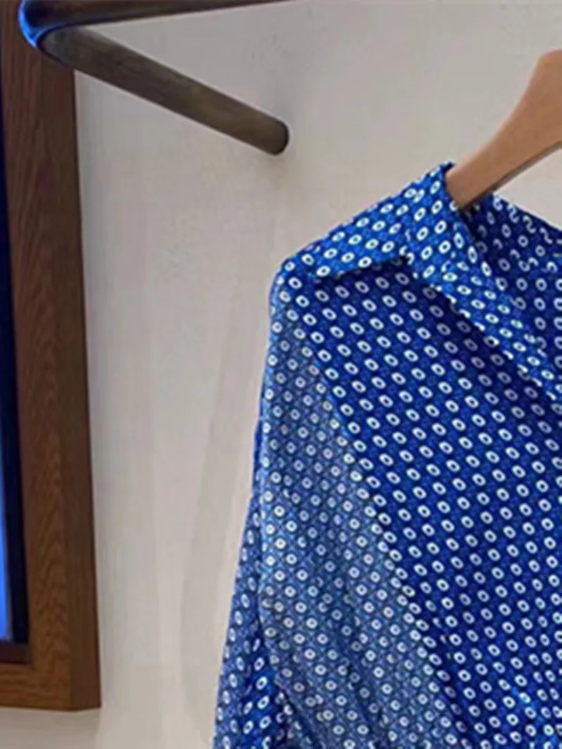 Ladies Lantern Sleeve Single-Breasted Mini Dress 2023 New Women Blue Polka Dot Print Turn-Down Collar Ruffle Short Robe