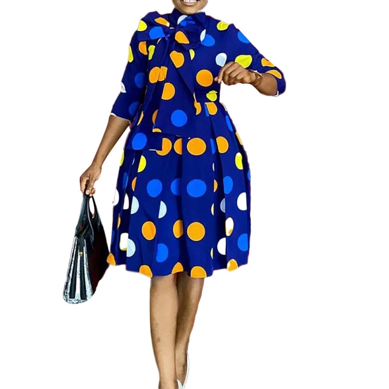 

3XL Plus Size African Dresses For Women 2021 Dot Print Dashiki Design Bazin Midi Dress For Lady Africa Clothing Pleated Dress