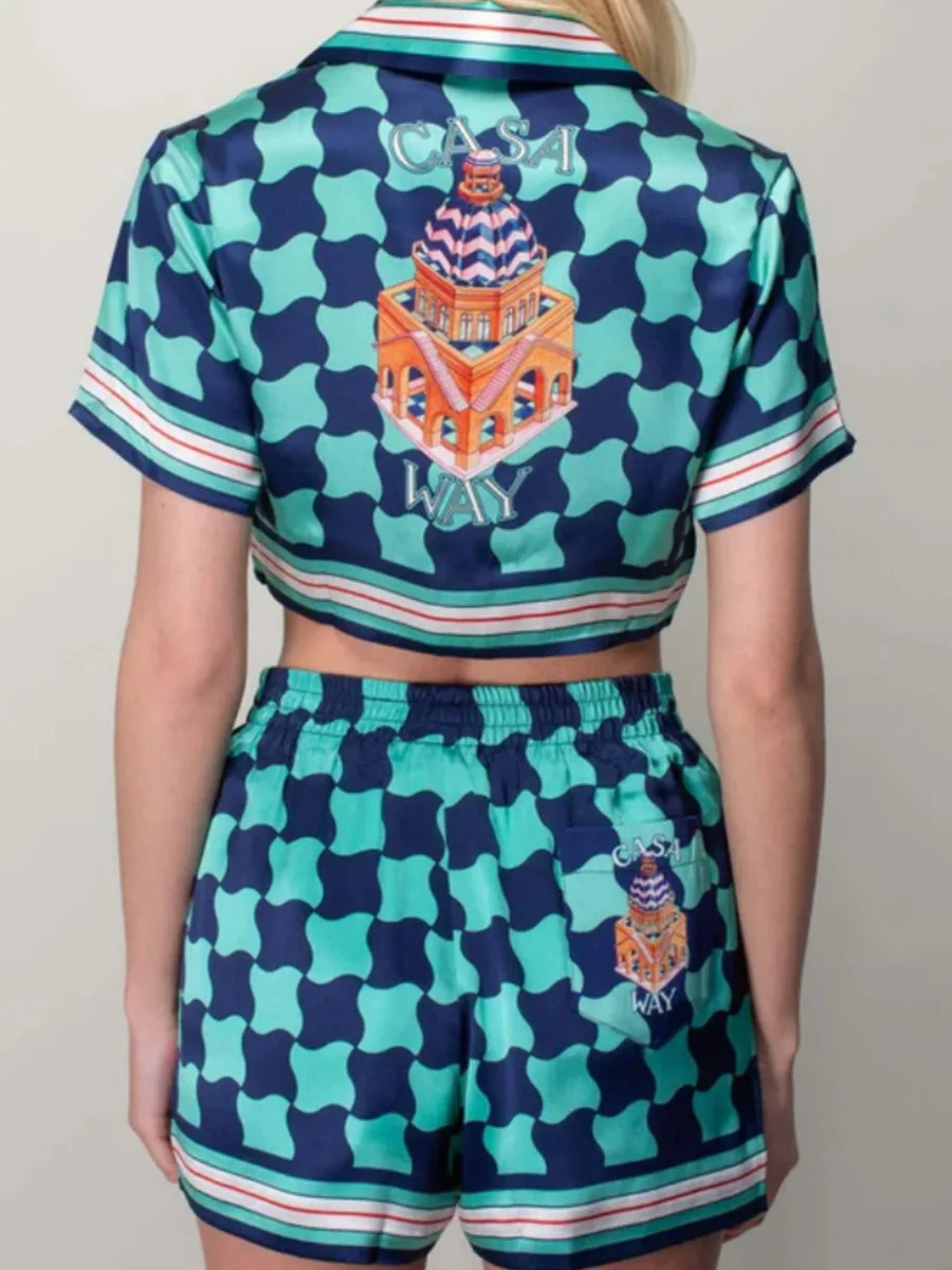 LW Crop Top Plaid Print Striped Shorts Set Summer Casual Sport Suits short sleeve Crop Top+ shorts set  Womens Outifits Streetwe