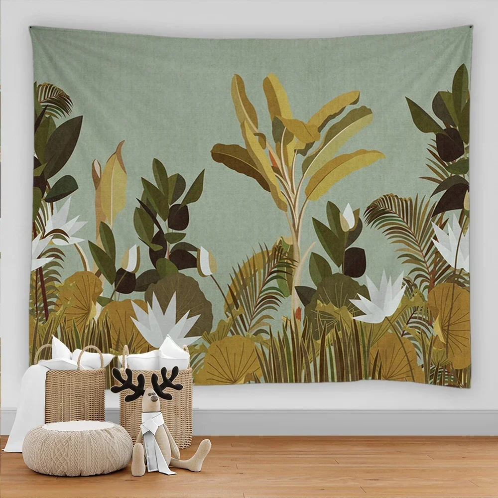 Cartoon Illustration Tapestry Tropical Plants Palm Leaves Flowers Living Room Wall Canvas Home Bedroom Dorm Kawaii Decor