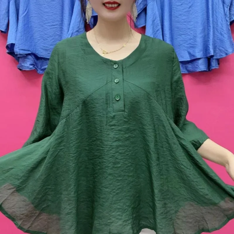 

Fashion Women Clothing Oversized Midi Shirts New Versatile Vintage Summer 3/4 Sleeve Solid Casual Basic Chic Pulover Blouses